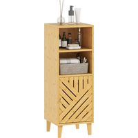 Armario de Baño Estrecho Mueble Auxiliar de Baño con 2 Estantes Abiertos Puerta y Patas de Bambú 32x30x90 cm Natural