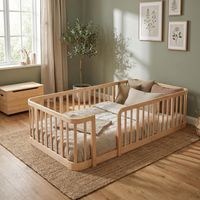 , Parc pour bébé modulaire en bois naturel 90x200cm, espacement sécurisé des barreaux de 7cm, bords arrondis, sol anti-pincement...