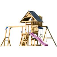 Axi Mitch Aire De Jeux En Bois Avec 2 Balançoires, Toboggan Violet / Extérieur, Bac À Sable, Trapèze/Mur D'Escalade Portique