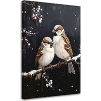Cuadro sobre Lienzo, Pájaros posados por la noche en una rama en invierno, 20x30