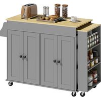 Isla de Cocina con Ruedas Encimera Extensible 4 Puertas Estantes Ajustables Especiero y Soporte para Toallas Gris