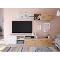 FRS – Meuble TV moderne avec module suspendu et étagère – Dimensions 220x40x44 cm – Couleur chêne effet nœuds et blanc – Panneaux mélaminés résistants