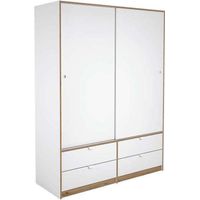 Armario 2 puertas correderas, 4 cajones acabado en blanco/roble albar, 200cm(alto) 150cm(ancho) 55cm(fondo)