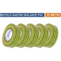 CONFEZIONE 5 PEZZI NASTRO ISOLANTE IN PVC VERDE/GIALLO 25 METRI SPESSORE 0.13MM