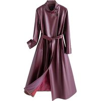 Manteau en cuir pour femme Printemps Automne Mode Col montant Manches Longues Trench Coat Split Casual Manteau
