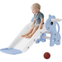 Tobogán Infantil 3 en 1 para Niños 1-3 Años con Escalera Canasta de Baloncesto y Diseño de Jirafa 106x51,5x52 cm Azul