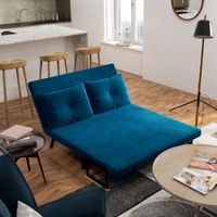 Sofá convertible de 2 plazas con respaldo ajustable en 5 posiciones y 2 cojines acolchados, tapicería efecto terciopelo, color azul.