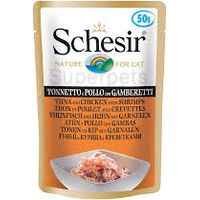 SCHESIR Pâtée pour chat Thon, Poulet et Crevettes, 24 sachets de 50 g