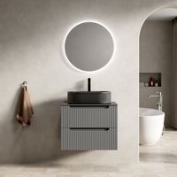 Waschbeckenunterschrank hängend 60 cm modern mit ovalem Keramikwaschbecken schwarz, Sintersteinplatte und 2 Schubladen dunkelgrau