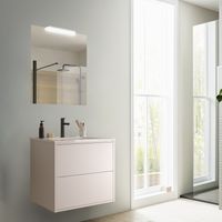 Hängender Badezimmerschrank 60 cm aus satinweißem Holz mit Porzellanwaschbecken – Olympus - 60 cm Mit Doppelsäule Lampe - Accessorio: Con Doppia colonna Specchio e Lampada Led - Misura: 60 cm