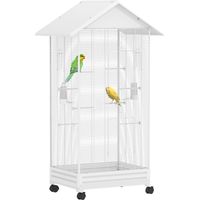 Pawhut – Cage pour oiseau sur pied avec roulettes – Plateau coulissant – 2 mangeoires et 8 perchoirs – 79 x 65 x 155 cm – Acier blanc