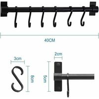 Soporte para utensilios de cocina, barra de 40 cm con 6 ganchos extraíbles (negro)