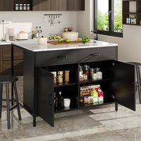 Mesa de Comedor con 2 Cajones, Estante Ajustable y Patas Regulables, para Cocina, MDF, Negro, 100 x 90 x 90 cm
