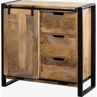 Sklum – Buffet 90x45 cm en bois de manguier Kiefer – Style industriel – 3 tiroirs et porte coulissante – Meuble de rangement élégant