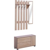 Porte-manteaux d'entrée avec miroir, étagère, 3 crochets, 2 tiroirs, rangement chaussures, chêne