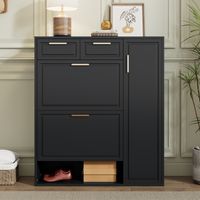 Zapatero de MDF y tablero de partículas negro 95x24x107 cm con 2 cajones, baldas regulables y estantes abiertos