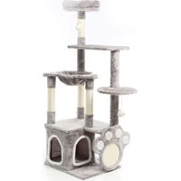 Fudajo Àrbol rascador para gatos gris con huellas de patitas 135cm con sisal y casita