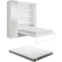 Letto a scomparsa verticale 160 x 200 cm 1 colonna contenitore Con specchio e LED Bianco + Materasso - RAPILI