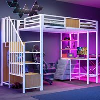 Lit mezzanine enfant 90x200 cm avec bureau intégré, rangements, barre de penderie, LED et prise, métal blanc