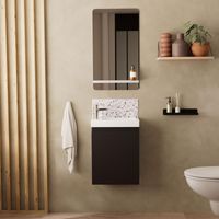 Mob-In – Meuble lave-mains blanc LISA – Vasque en céramique réversible – Miroir avec tablette métallique – Porte battante réversible