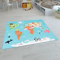 Paco Home Kinder-Teppiche, Kurzflor-Teppiche für Kinderzimmer mit vers. Designs Spielteppiche Bunt Türkis, 200 cm Quadrat