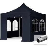 3x3 m Faltpavillon PROFESSIONAL Alu 40mm, Seitenteile mit Sprossenfenstern, schwarz