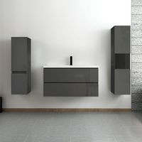 Acezanble ensemble meuble salle de bain 100 cm anthracite brillant avec 2 tiroirs à fermeture automatique, lavabo céramique simple + deux colonnes, suspendu