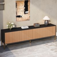 Meuble TV moderne quatre portes design sans poignées 179 x 35 x 53.5 cm coloris noir et naturel