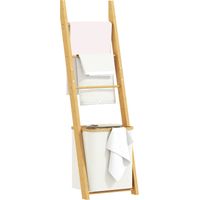 Estantería para Baño de Bambú Toallero de Pie con 3 Barras Cesto para Ropa Sucia Extraíble de 48 L Crema