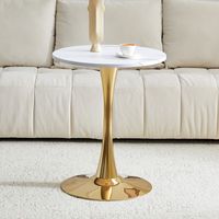 Table d’appoint ronde 60cm MDF grain blanc,base métallique dorée design minimaliste adapté pour salon et coin détente.