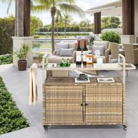 Table de bar d'extérieur, chariot de bar en osier avec rangement, desserte de terrasse avec plateau en acier, seau à glace inclus, roulettes verrouillables, panier latéral pour jardin, piscine et cour