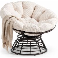 Sillón Papasán Giratorio 360° Diseño Ergonómico con Cojín Acolchado, Acero y Ratán PE Blanco 92 × 67 cm