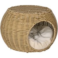 Pawhut – Maisonnette pour chat en résine tressée imitation rotin – 2 niveaux – Coussin doux inclus – Ø 40 x 30H cm – Marron clair