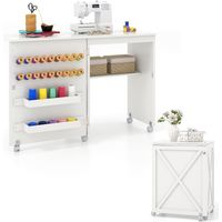 COSTWAY Table de Couture Pliante, Meuble Machine à Coudre Design Compact avec Etagère et 18 Rangées de Bâtonnets, 2 Plateaux de Rangement, roulettes Verrouillables, Blanc (Blanc)
