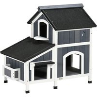 PawHut Katzenhaus aus Holz, Winterfest Katzenhütte mit mehreren Eingängen, 2 Etagen, Katzenhöhle für draußen, Kleintierhaus mit Asphaltadach, Blumenkasten für Draußen Garten, 96 x 65 x 85,5 cm, Grau