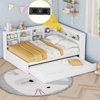 Lit gigogne 140x200cm+90x200cm - avec prise USB et multiples rangements - sommier - en bois - blanc