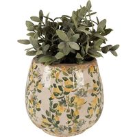 Pot de fleurs d'intérieur beige jaune céramique motifs citrons 8x17cm