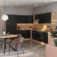 Cucina angolare completa Fame-Line, Rovere nero rigato/oro, 347 x 257 cm senza piano di lavoro, Vicco