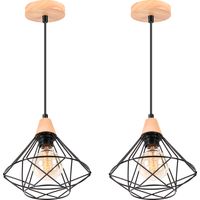 2x Chandelier Industrial Retro Cage Made of Metal E27 Wooden Ceiling Lamp for Bedroom Living Room Dining Room Black