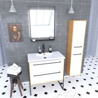 Mobile da bagno 80cm, lavabo bianco, specchio LED e colonna - Rovere e bianco - STRUCTURA