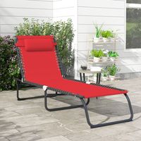 Transat inclinable pour bronzage, dossier réglable multi-positions, acier et thermoplastique, sangles élastiques, noir et rouge textilène