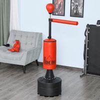 Sac de frappe sur pieds punching ball brunier 3 en 1 avec ballon de vitesse bras flexible rotatif hauteur réglable revêtement synthétique base HDPE dim. 88L x 48l x 155-205H cm noir rouge