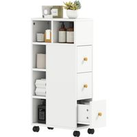 Bathroom cabinet narrow, bathroom cabinet with 4 wheels, 3 drawers, 5 open compartments, 20x40x80cm, white