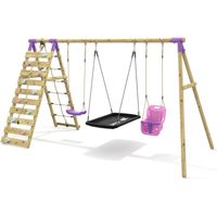 Rebo Triple Swing Set with Climbing Wall - Skye Purple