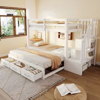 Lit superposé 90 x 200 cm - avec échelle de rangement, 3 tiroirs et lit extensible - en pin - blanc - sans matelas