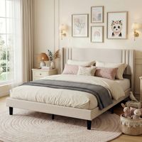 Doppelbett 140x200 cm - Polsterbett für Erwachsene aus Leinenstoff mit gepolstertem Kopfteil und Lattenrost - Jugendbett - Beige