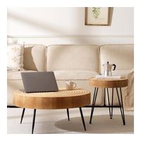Lot de 2 tables basses rondes en bois à motif de cercle annulaire, pieds en métal noir, dimensions 77x36 cm et 40x47 cm pour salon