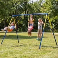 Columpio infantil de exterior 3 en 1: asiento, 2 anillas de gimnasia y disco.