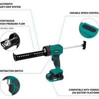 Vonroc – Pistolet à calfeutrer sans fil 20V – Force d'extrusion 1,18kN – Vitesse variable 1-4mm/s – Système anti-goutte – Compatible cartouches 290-310ml