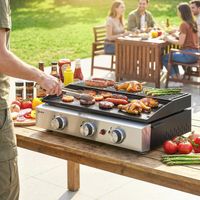 Plancha gaz inox 3 brûleurs, barbecue extérieur avec plaque vitrocéramique et grille de maintien au chaud, 7,5 kW, 62x44x21 cm, noir